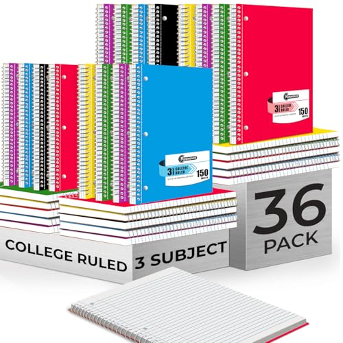 Rosmonde 36 Pack 3 Subject Spiral Notebook College Ruled Bulk, 150 Sheets