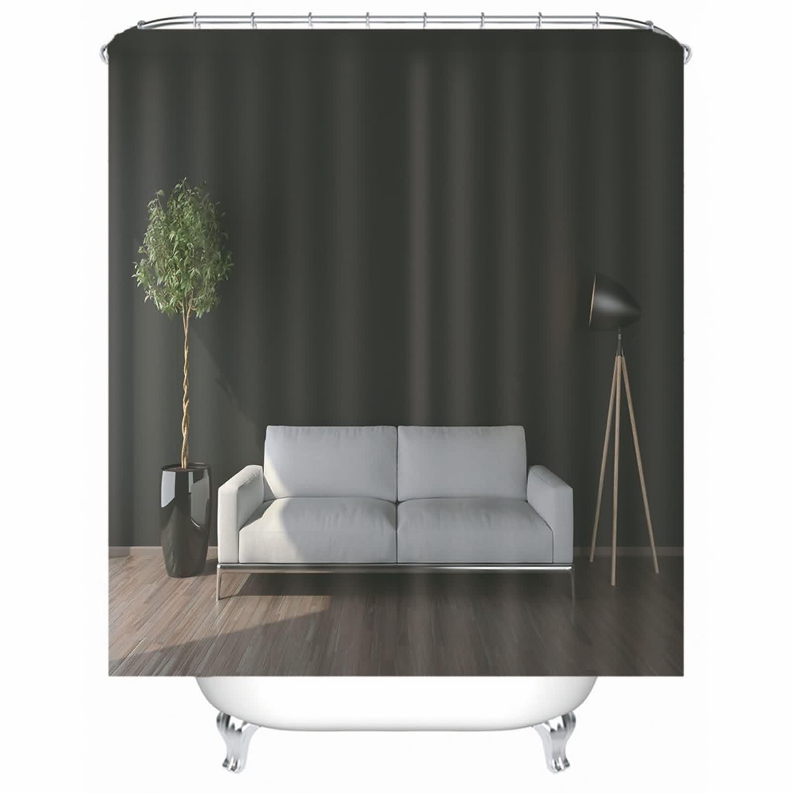 Rideau de douche noir motif plante verte en polyester lavable pour salle de bain