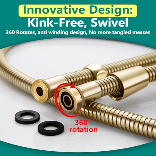 TRIPHIL Kink-free Shower Hoses 71" Extra-long Extension for Hand held Showerhead Tube Replacement 360 Degree Swivel Anti-twist Brass Connector Flexible Metal Stainless Steel Brushed Gold 71-Inch
