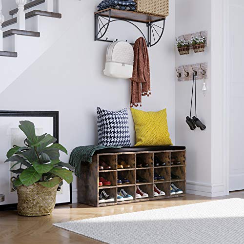 VASAGLE Shoe Bench with Cushion, 15-Cube Storage Bench, Holds up to 440 lb, Rustic Brown ULHS15BX