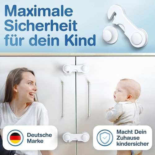 MUTKIND® 12 Stück Kindersicherung Schrank (Mit Kleber von TESA) - Extra Starker Halt - Schranksicherung Baby - Schubladensicherung für Schränke, Kühlschrank, Türen - Kindersicherung Schubladen Weiß
