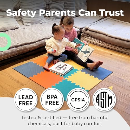 Image of MioTetto Baby Play Mat, Comfortable Tummy Time Mat - Portable Foam Floor Tiles, Safe baby mat for floor for Crawling & Development, Soft play mat for babies 0-6 months, Stylish interlocking foam tiles