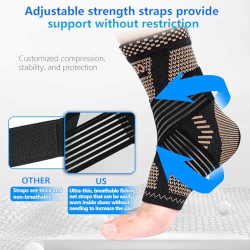 Image of LISEPWU Copper Ankle Brace with Adjustable Compression Bandage, Ankle Support Compression Sleeve for Men & Women, for Foot Pain, Sprained Recovery, Achilles Tendonitis, Sports Protection(Black L)