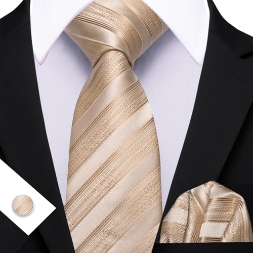Image of Barry.Wang Tie Sets for Men Silk Stripe Necktie Woven Checkered Handkerchief Cufflinks Formal Business Wedding