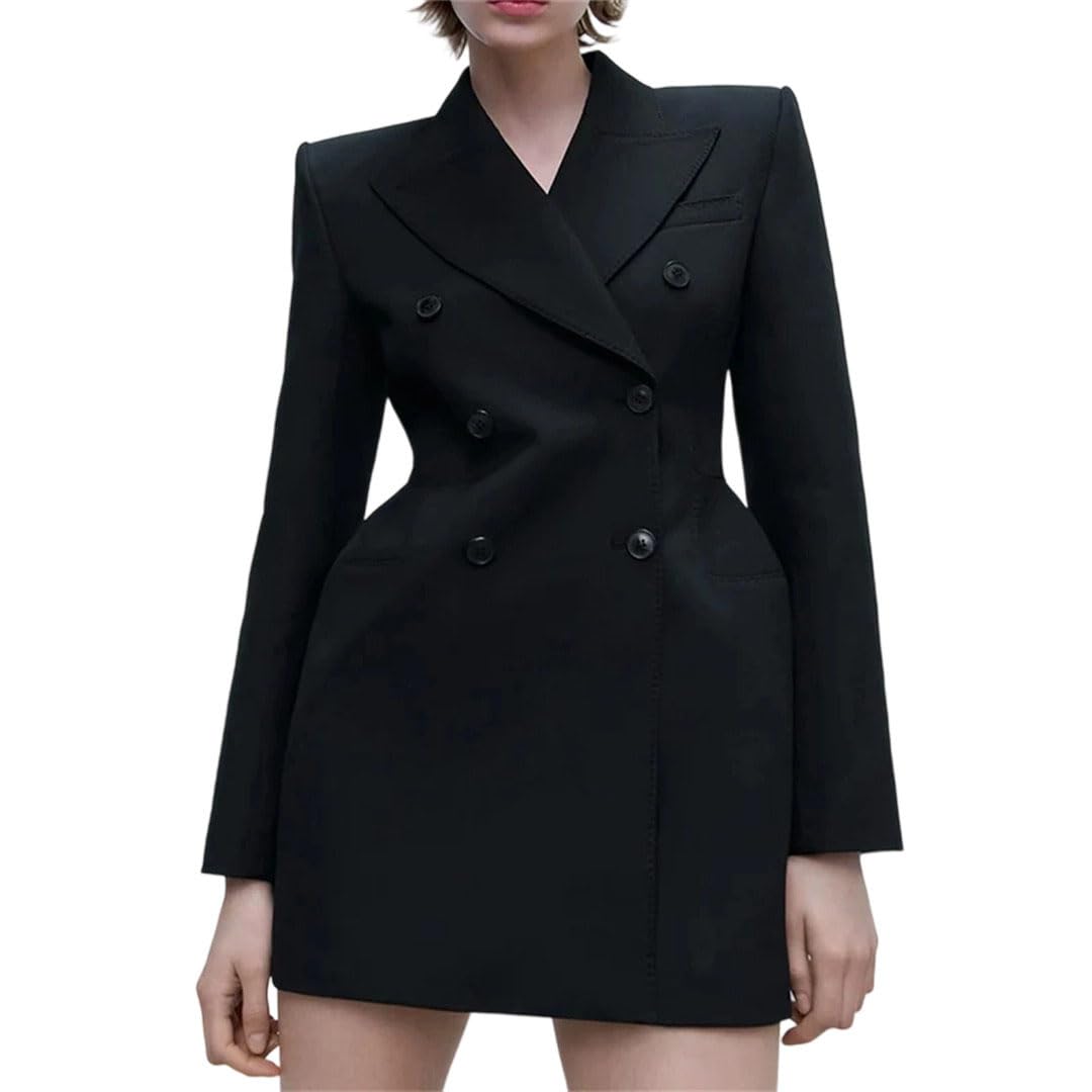Womens Double Breasted Blazer Waist-Cinching Suit Jacket Office Lightweight Formal Coat