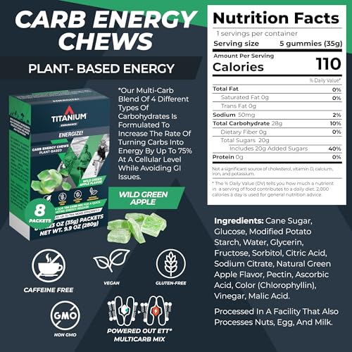 Image of TITANIUM Energy Chews for Running, Cycling - Plant-Based Natural Endurance Energy Gummies to Re Fuel - Energy Supplements - Preworkout Snack Bloks - Faster Than Energy Gels - No Caffeine - 8 Count