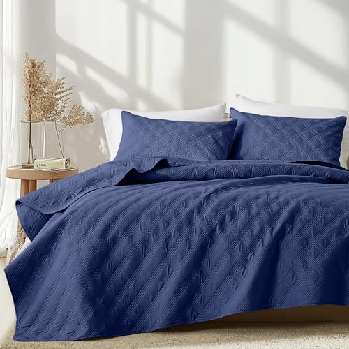inron Quilt Set Queen Size, Navy Blue Microfiber Ultrasonic Full Bedspreads, Lightweight Breathable Coverlet, Modern Geometric Pattern Thin Bedding Set for All Season (1 Quilt, 2 Pillow Shams)