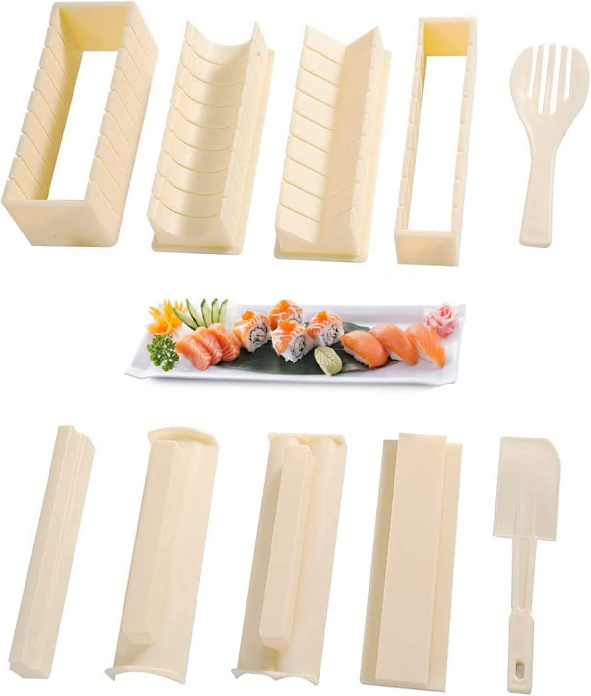 Minta 10 Pieces Beginner Sushi Making Kit, Plastic Sushi Maker Tool with 8 Sushi Rice Roll Mold Shaped Fork Spatula, BPA Free, Safe to Use, Non-Toxic, Odorless, Dishwasher Safe