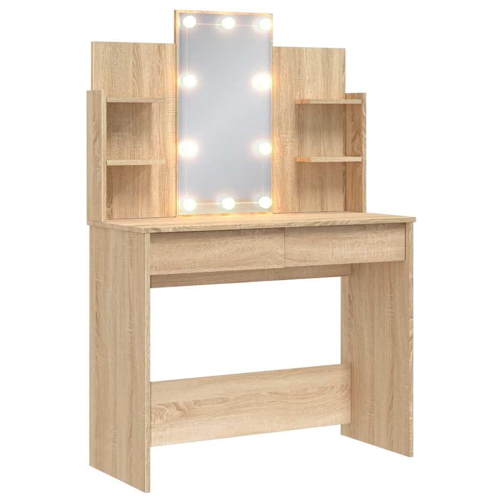 vidaXL Dressing Table and Makeup Vanity Desk with Mirror and Adjustable LED Lights - Sonoma Oak, Brown - Engineered Wood Design - Space-Saving Furniture for Bedroom