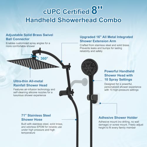 Hibbent Metal 8" High Pressure Rain Shower Head Combo, Oil-Rubbed Bronze - image 7