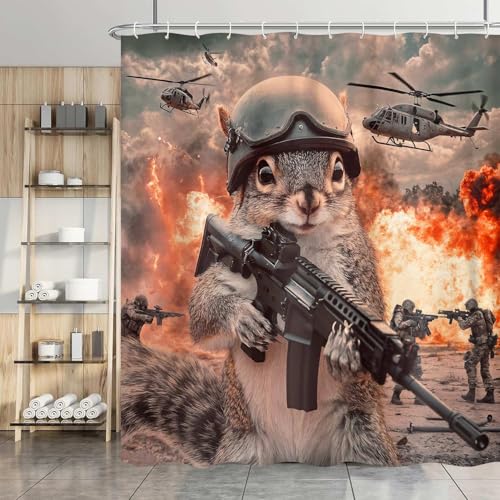 Image of Funny Shower Curtain, Funny Squirrel Helicopter Animal Shower Curtains for Bathroom, Fun Cute Kids Bathroom Decor Shower Curtain, with Hooks 72x72 Inch