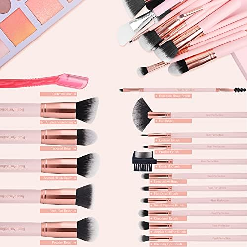 Real Perfection Makeup Brush Set 16 Pcs with 1 Eyebrow Razor Premium Synthetic Foundation Powder Concealers Eyeshadow Blush Makeup Brushes Make up Brushes Kit (Pink) - 1