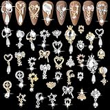 EBANKU 36 Pcs Luxury 3D Shiny Nail Art Charms - Rhinestone Diamonds Metal Jewelry Design Charms Gold Silver Heart Pearl Crystal Gems for Women DIY Beauty