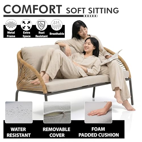 Image of Amazon Brand - Solimo Solix Outdoor Rope Sofa Set | Balcony Sofa | Patio Conversation Sets | Braided Rope Garden Sofa Set and Center Table (4 Seater- Light Brown)