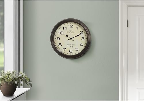 16 Inch Round Wall Clock with Antique Brown Finish, Vintage Style Decorative Timepiece for Living Room Bedroom Kitchen