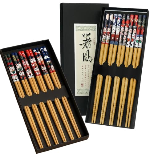 Reusable Bamboo Chopsticks, 10 Pairs Premium Food-Grade Wooden Chop Sticks with Fortune Cat Design, Eco-Friendly Reusable Gift Set for Sushi, Ramen, Asian Cuisine, Lucky Cat Chopsticks