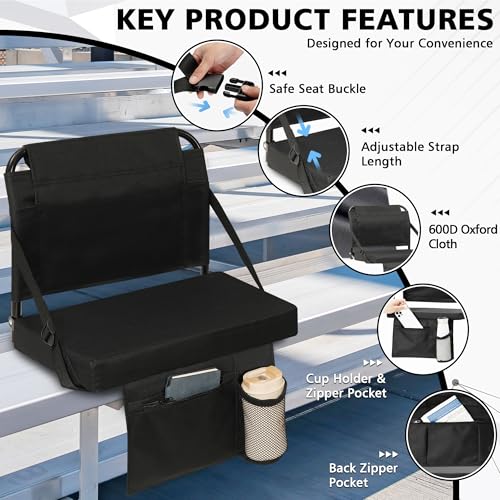 Besunbar Stadium Seats for Bleachers 2 Pack w/Back Support Bleacher Seat Soft Cushion Light Weight Includes Shoulder Strap & Cup Holder, Front & Back Zipper Pocket, Suitable for Sports Events,Black