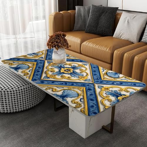 Image of Vintage Blue Yellow Tile Pattern Desk Sticker, Mediterranean Floral Desktop Decor, Waterproof Table Surface Protector for Home Office, 39.37x23.62 Inch