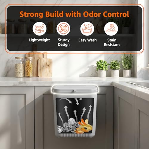 Image of Amazon Basics 9 Litre Kitchen Dustbin with Lid, Hanging Plastic Trash Can for Cabinet Door, Wall Mounted Garbage Bin, Double-Sided Open Design - Grey