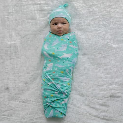 Image of Little Sleepies Swaddle & Hat Set, Baby Swaddles Newborns, Soft Viscose from Bamboo Swaddle Blanket Wrap (Shark Soiree)