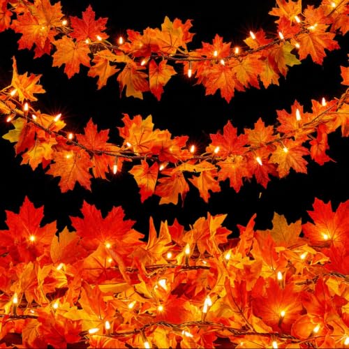 Meknow Fall Decor Fall Decorations for Home 9FT Plug in Fall Garland with Lights 50 Orange Bulbs Connectable Lighted Fall Garland Light for Indoor Outdoor Halloween Thanksgiving Harvest Decorations