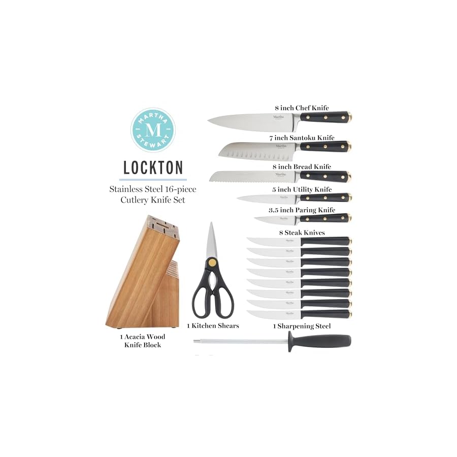 Martha-Stewart-16-Piece-Lockton-High-Carbon-Stainless-Steel-Cutlery-Kitchen-Knife-Block-Set-WABS-Tripe-Riveted-Forged-Handle-Acacia-Wood-Block-Black-WGold Martha Stewart 16 Piece Lockton High Carbon Stainless Steel Cutlery Kitchen Knife Block Set W/ABS Tripe Riveted Forged Handle Acacia Wood Block - Black W/Gold