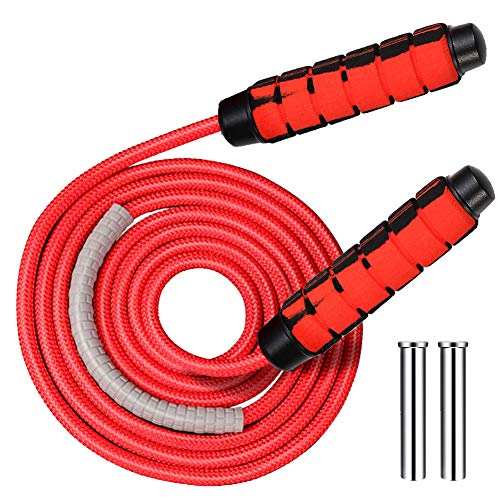 HUBUISH Jump Rope Tangle-Free Adjustable Speed Weighted Cotton Jump Rope with Memory Foam Handles to Improve Balance Coordination Flexibility Core Strength and Endurance (9mm Jump Rope with Weights)