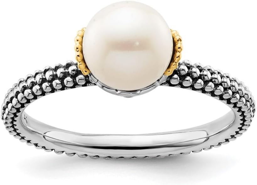 Diamond2Deal Sterling Silver and 14k Gold Accents Stack Expressions 7.0-7.5mm White Pearl Ring