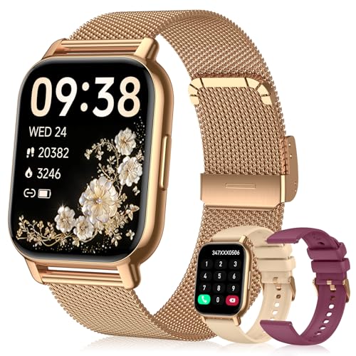 Kriutefy Smart Watch for Women (3 Bands) Fitness Tracker with Bluetooth Calls IPX8 Waterproof Smartwatch for Android iPhone 112+ Sport Modes Heart Rate/Sleep/SpO2 Monitor Gold
