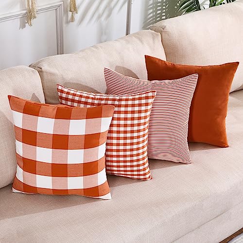 CARRIE HOME Burnt Orange Fall Plaid Throw Pillow Covers 18x18 Set...