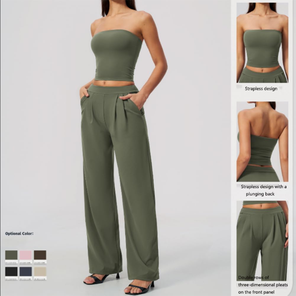 Top bande corto liso sin tirantes + Pantalón ancho plisado de cintura alta