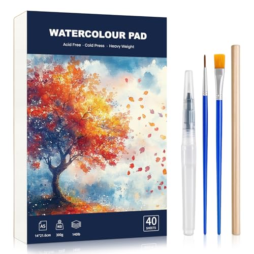 40 Sheets Watercolour Paper Pad A5 with Watercolour Brush and Pencil 300 GSM Watercolour Sketchbook Cold Press Water Colour Paper for Artist Student Art Painting Drawing Mixed Media