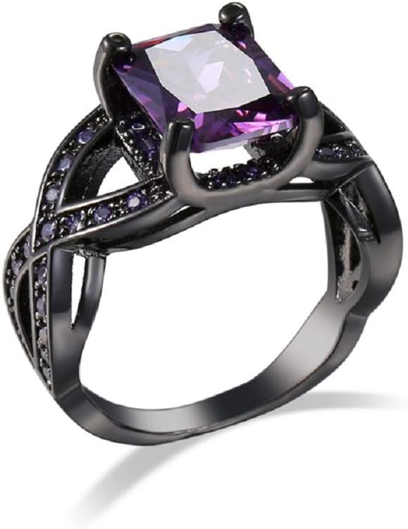 Emerald Cut Purple Amethyst Cubic Zirconia Ring, Black Gold Plated Radiant Cut Eternity Engagement Wedding Jewelry Gifts for Women (US Size 8)