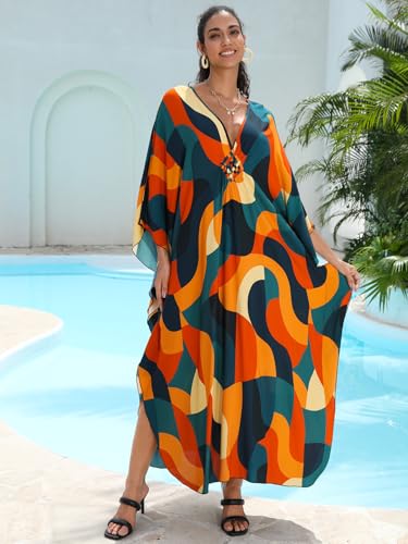 Image of IMAGEKOPE Women's Plus Size Animal Print V-Neck Batwing Kaftan Beach Dress Bathing Suit Cover-Up Loungewear