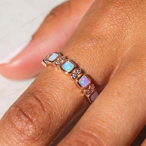 Vintage Princess-Cut Opal Wedding Band, Rose Gold Bezel Setting Band, July Birthstone Ring, Diamond Half Eternity Band Promise Ring Gift2