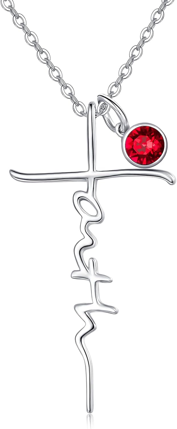 PRAYMOS Faith Cross Necklace for Women 925 Sterling Silver Pendant Necklace With Birthstone Initial Christian Religious Confirmation Baptism Christmas Gifts