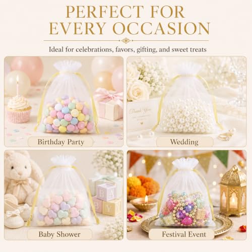 Image of ANZNKU 50 Pack Organza Bags 5 x 7 in White Small Mesh Gift Bags with Gold Drawstring for Wedding, Goodie Bag for Candy Jewelry Soap Makeup, Treat Sachet Pouch for Baby Shower Graduation