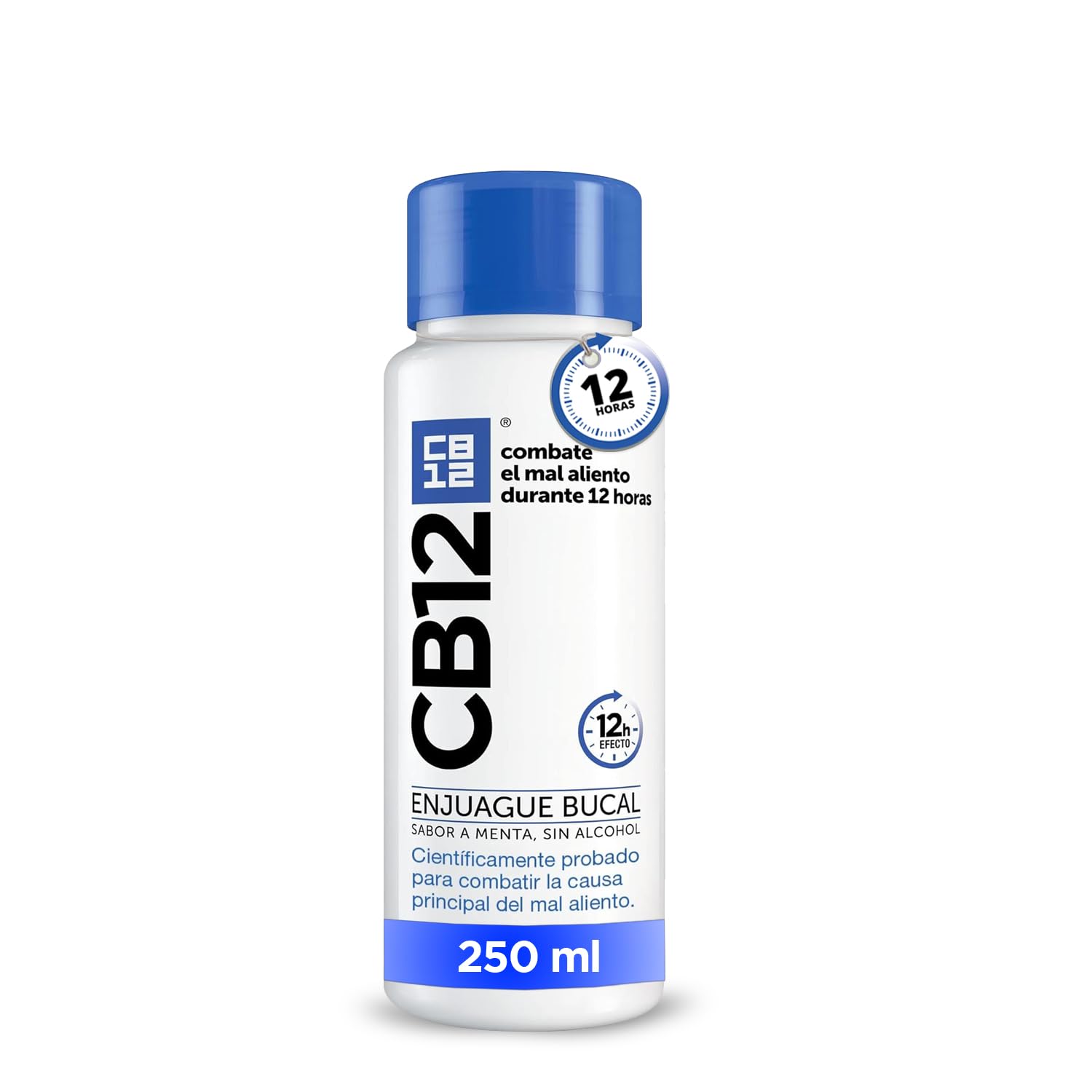 CB12 Enjuague Bucal para Halitosis - Combate el Mal Aliento Durante 12 Horas – Colutorio Sabor Menta y Sin Alcohol - Probado Científicamente - 250ml