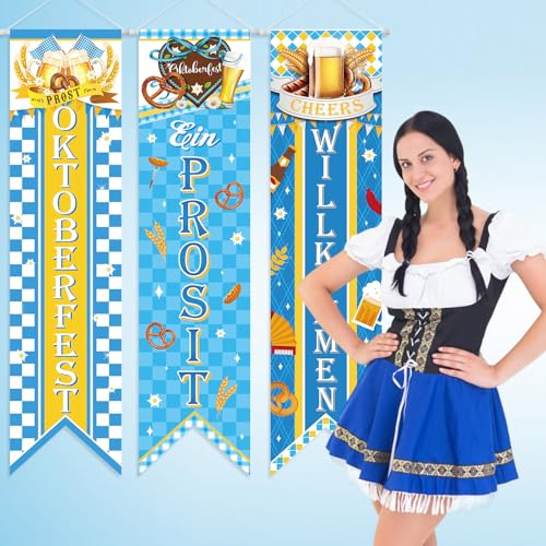 Image of Chiisong 3 Pieces Oktoberfest Party Decorations Bavarian Banners Oktoberfest Prosit Welcome Porch Signs Festival Hanging Backdrops for Home Bar German Party Indoor Outdoor Wall Door Decor
