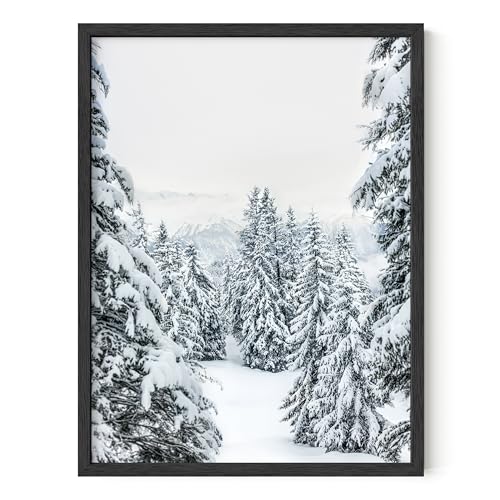HAUS AND HUES Winter Pine Trees and Snow Wall Art Decor - Made in the USA - Black Frame 12x16 (Winter)