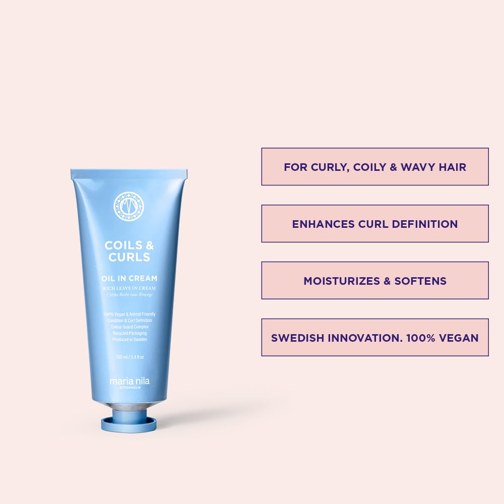 Maria Nila Coils & Curls Oil-In-Cream, 100 ml, Pour Cheveux Bouclés et Ondulés, Huile de Jojoba pour une Hydratation Pendant le Lavage, Beurre de Karité pour une Définition des Boucles, 100% Végan