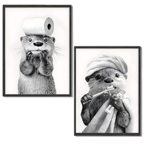 Cunegra 2 Stück Otter Bild Badezimmer Deko Witzige Bilder Badezimmer Bad Bilder Otter Poster Witziges WC Deko Wandbilder Wc Bild für Humor im Bad Tierbild für Toilette Ohne Rahmen 20 X 30 cm