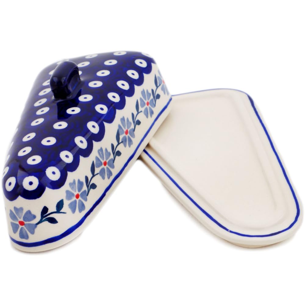 Authentic Polish Pottery Cheese Dish in Peacock Forget-Me-Not Design Handmade in Boles?awiec Poland + Certificate of Authenticity