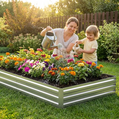 Image of 8x4x1FT Galvanized Raised Garden Bed, Metal Planter,Silver,2 Packs | Thick Galvanized Steel, Easy Assembly,Outdoor Patio,Open Bottom,Smooth Surface,Planter Kit for Vegetables, Herbs, Flowers