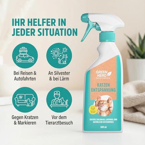 Green Hero Entspannungsspray 500 ml für Katzen enthält beruhigende Duftstoffe wie Baldrian, Lavendel und natürliche Katzenminze für Wohlbefinden und Entspannung