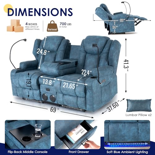 Image of Redlife Power Loveseat Recliner Sofa with Console, Leathaire Farbic Dual Reclining Couch with Blue LED Lights, Bluetooth Speakers, USB Ports, Phone Holders, Home Theater & RV Recliner (Navy Blue)