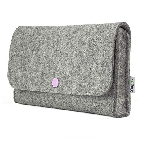 stilbag Tasche für Elektronik Zubehör aus Wollfilz hellgrau, Knopf rosa