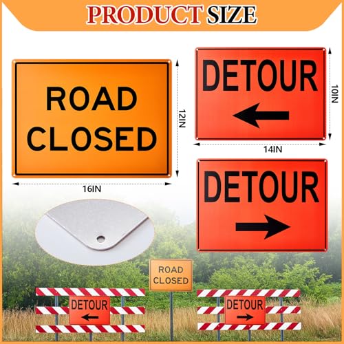Marsui 3 Pcs Road Sign Kit Include 10” x 14” Right and Left Arrow Detour 12” x 16” Road Closed Sign for Construction Area Caution Danger Safety Security Warning Notice Traffic and Parking