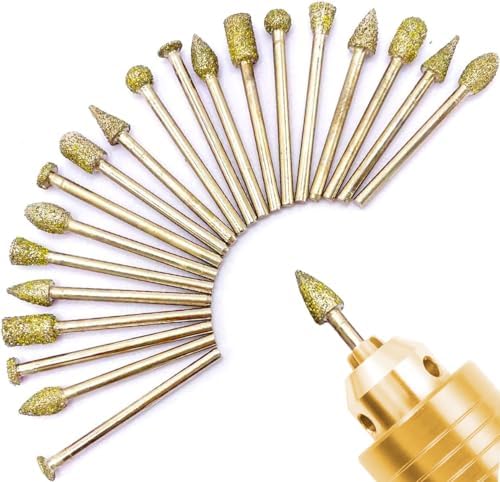 Rotary Diamond Grinding Burr Bit Set, 20Pcs Stone Engraving Set Tool Accessorries with 1/8 Inch Shank for Jade, Gemstone, Stone Head Carving, Polishing(60 Grit)