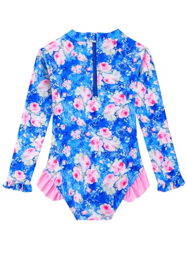 Image of Baby Toddler Girl Long Sleeve Ruffle Swimsuit One Piece Zipper Rash Guard Bathing Suit with UPF 50+ Sun Protection